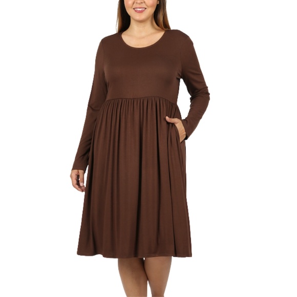 Zenana Outfitters Dresses & Skirts - Brown Plus Size Long Sleeve Round Neck Dress